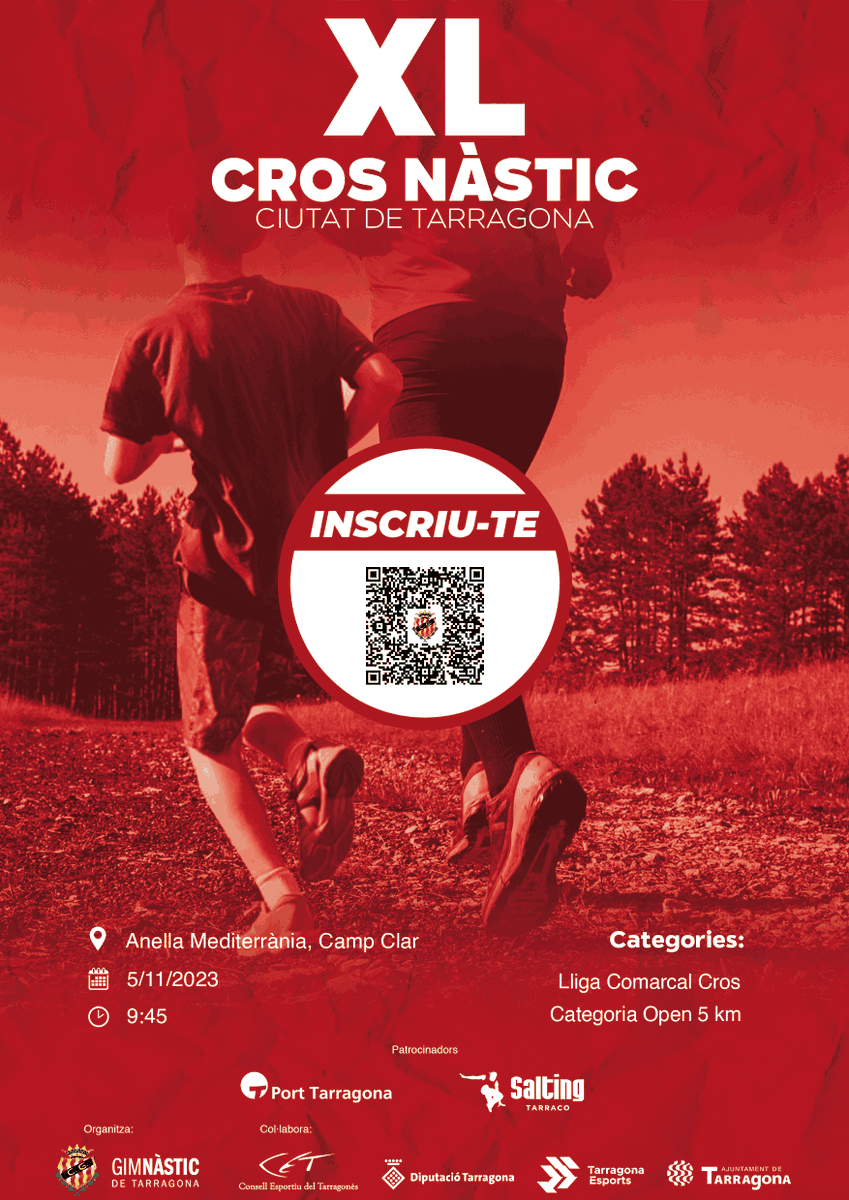 👣 40è Cros Nàstic Ciutat de Tarragona 

🏃‍♀️🏃🏃‍♂️ Cursa Open de 5 Km i lliga comarcal
⚠ Inscripcions obertes a lc.cx/qx3dQN

ℹ lc.cx/wSCpmC
#SentimenTarragoní