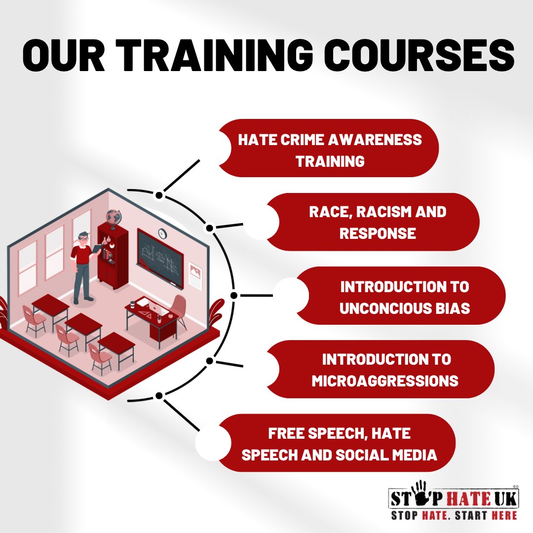 We have a range of training sessions - here are five of our most popular. Did you know, we can develop bespoke training for your establishment. For more information email info@stophateuk.org or visit our website: stophateuk.org/training-and-e… #School #Corporate #Community