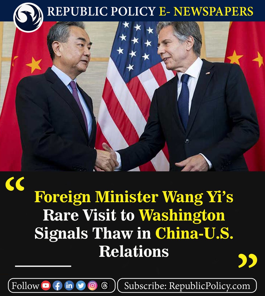 China’s top diplomat is commencing discussions on Thursday in Washington.

Read more: republicpolicy.com/foreign-minist…

#ChinaUSRelations #WangYiVisit #Diplomacy #BilateralRelations #News