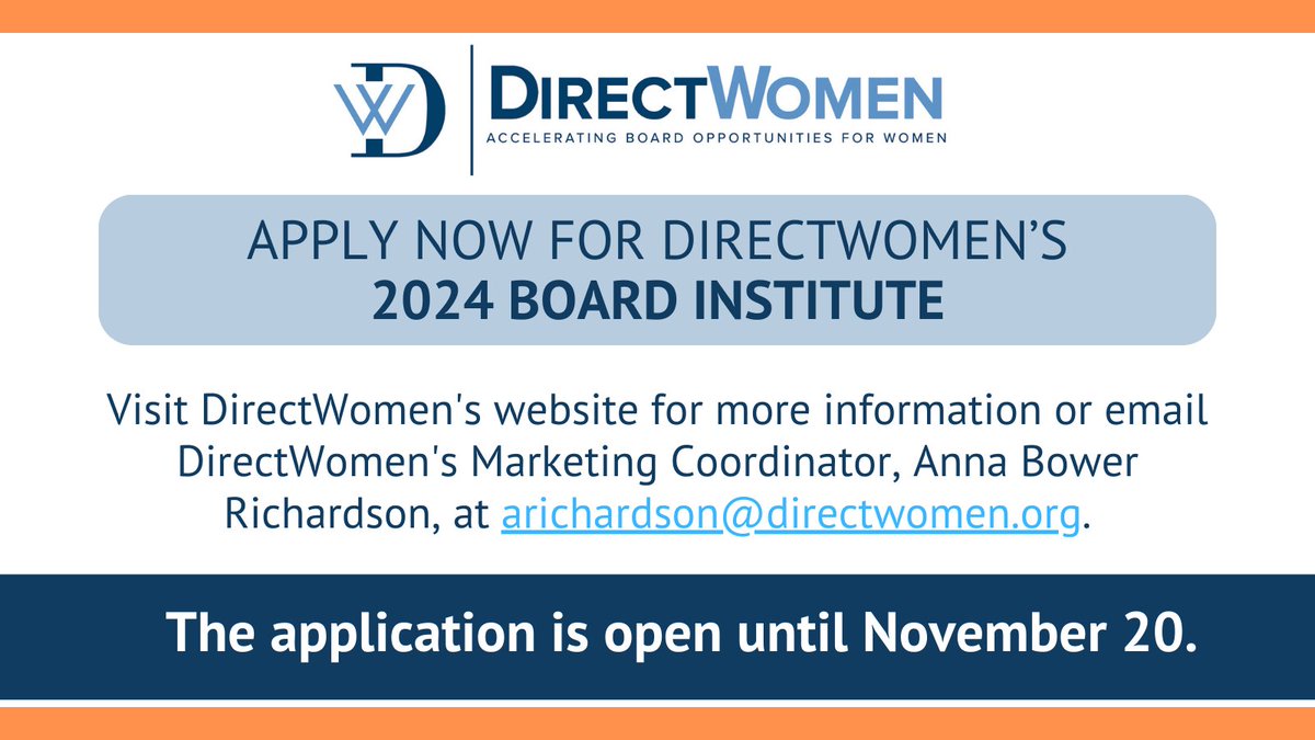 Mark your calendar! There is less than a month until the 2024 Board Institute application closes. If you are interested in applying, please get in touch with Anna Richardson. Learn more about DirectWomen's Board Institute on our website &gt;&gt; directwomen.org/home/board-ins… #directwomen