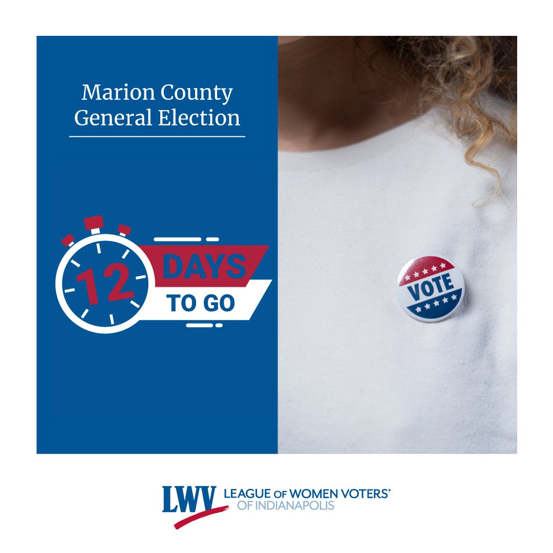 LWVofIndy's tweet image. Only 1️⃣2️⃣ days left to make your voice heard this election year! 🗳️🗳️ Don't delay - visit vote411.org to make sure you're ready to cast your vote on election day and get all the info you need. 🗳 @vote411 #votingispower #yourvotematters #Indyvotes