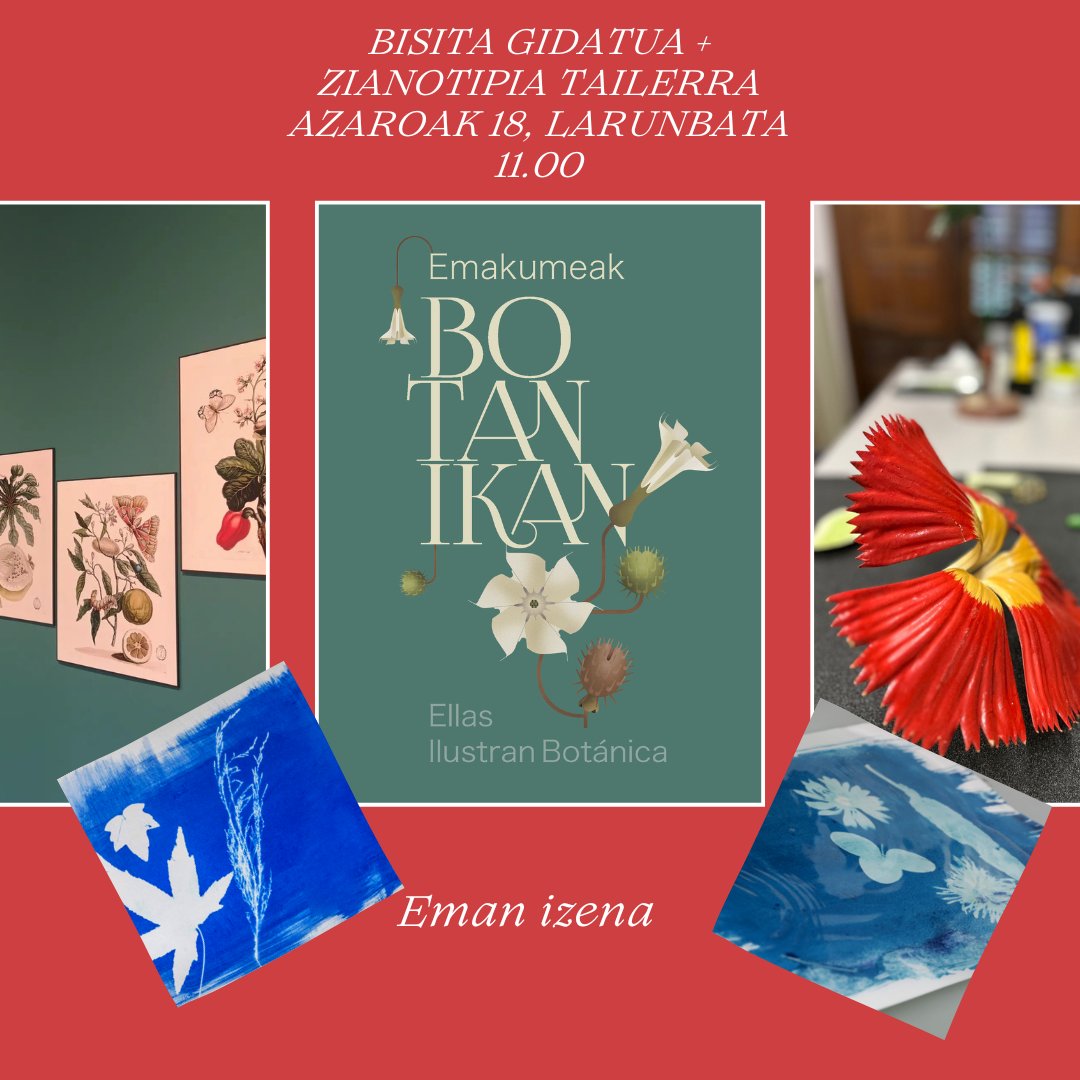 [Eus]
🏛️Bisita gidatua + zianotipia tailerra
📆 Azaroak 18, larunbata
🕑11.00
💰Museoko sarrera
✏️Plaza mugatuak - eman izena
☎️943769003

[Cast]
🏛️Visita guiada + taller cianotipia
📆 18 noviembre, sábado
🕑11.00
💰Entrada del museo
✏️Plazas limitadas - inscríbete
☎️943769003