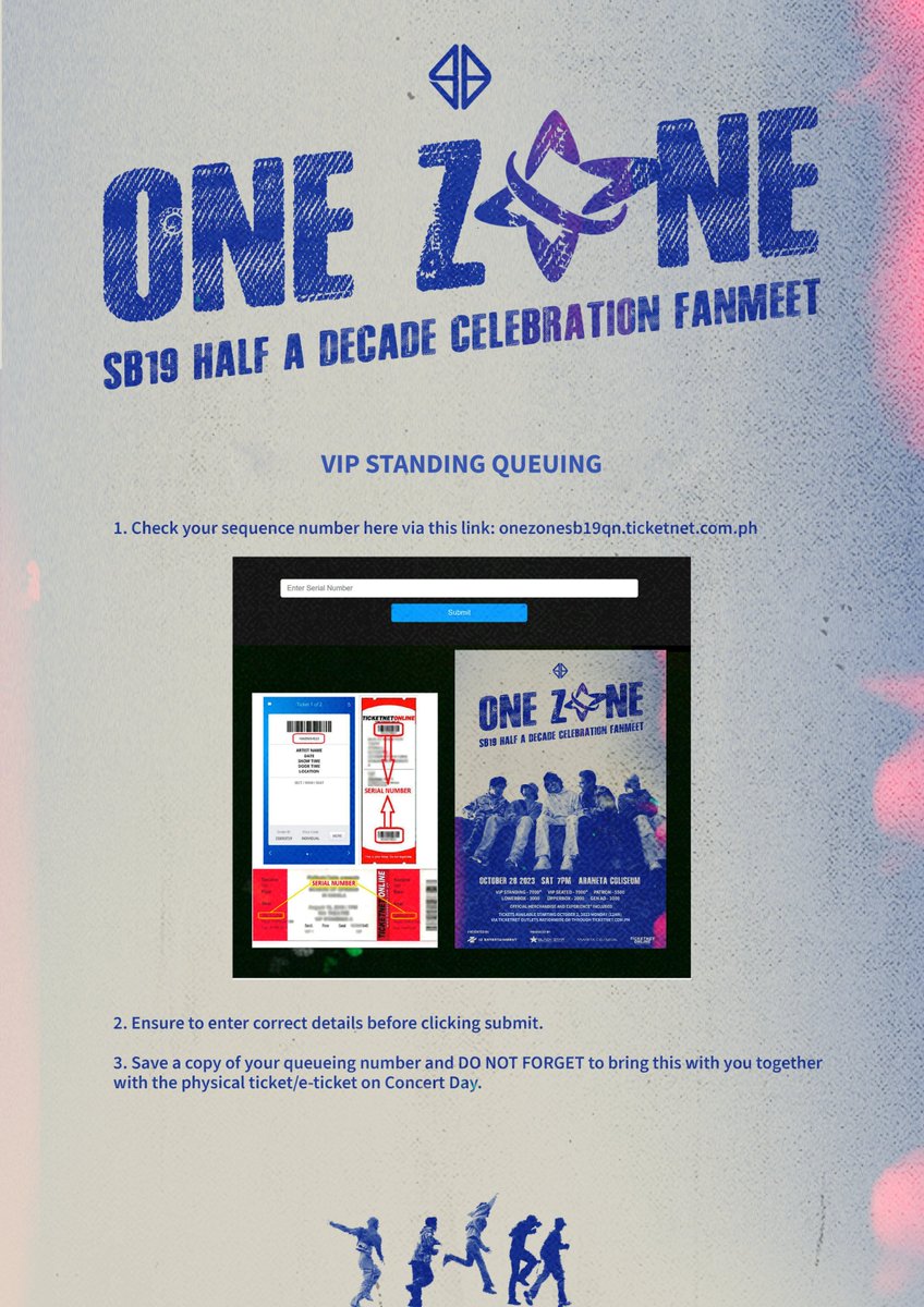 SB19Official's tweet photo. 🔹ONE ZONE [SB19 HALF A DECADE CELEBRATION] FANMEET

📢For our VIP Standing Ticket holders, we've prepared a comprehensive guide to ensure that you have the best fanmeet experience possible. Please take a moment to review the guidelines provided below. This guide will help you navigate the queuing process and make the most of your VIP experience.

#SB19 #ONEZONE #SB19ONEZONE
