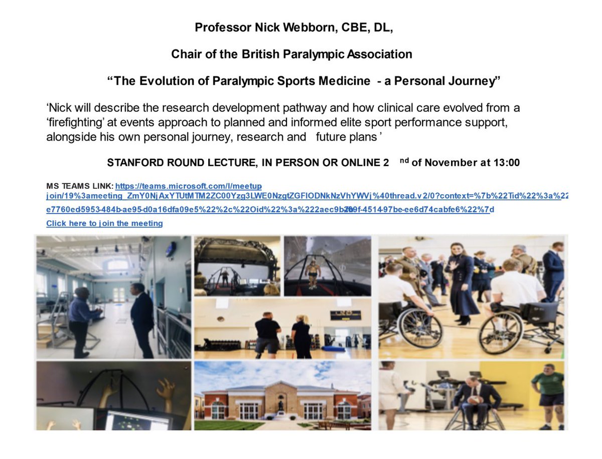 Dr Dora Papadopoulou (@dora_sportmed) on Twitter photo We have the honour to host Prof <a href="/SportswiseUK/">Nick Webborn CBE</a> chair <a href="/ParalympicsGB/">ParalympicsGB</a> at <a href="/dms_dmrc/">DMRC-Stanford Hall</a> for an inspiring lecture ! If you at DMRC please come an meet Nick on Thursday the 2nd! Please SHARE the link with your colleagues & patients that they want to attend. Any questions please dm me ! We have the honour to host Prof <a href="/SportswiseUK/">Nick Webborn CBE</a> chair <a href="/ParalympicsGB/">ParalympicsGB</a> at <a href="/dms_dmrc/">DMRC-Stanford Hall</a> for an inspiring lecture ! If you at DMRC please come an meet Nick on Thursday the 2nd! Please SHARE the link with your colleagues & patients that they want to attend. Any questions please dm me !