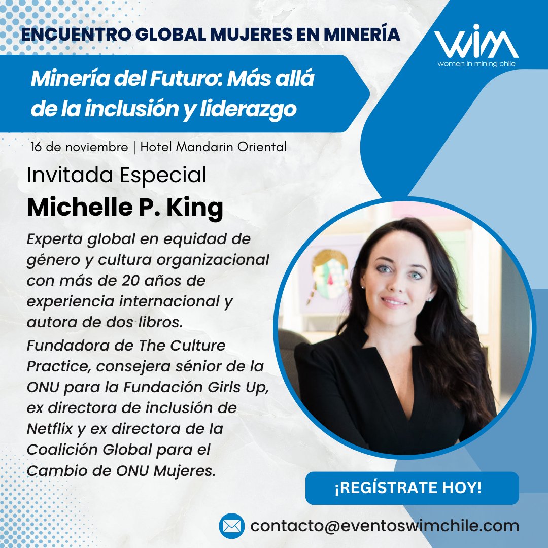 Women In Mining Chile (@wimchileoficial) on Twitter photo 🤩 ¡Se viene el Encuentro Global de Mujeres en Minería junto a <a href="/wimchileoficial/">Women In Mining Chile</a>
Además, el 16 de noviembre, contaremos con Michelle Penelope King (PhD), experta global en equidad de género y cultura organizacional. 📷
#equidaddegenero #womeninmining 🤩 ¡Se viene el Encuentro Global de Mujeres en Minería junto a <a href="/wimchileoficial/">Women In Mining Chile</a>
Además, el 16 de noviembre, contaremos con Michelle Penelope King (PhD), experta global en equidad de género y cultura organizacional. 📷
#equidaddegenero #womeninmining