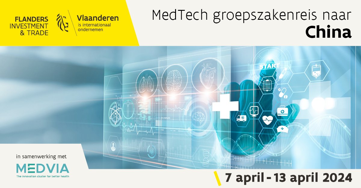 Who wants to head to China 🇨🇳 next April w/MEDVIA and @InvestFlanders (FIT) on a mission dedicated to #healthtech? 🩻
Sign up for the info session on 20 Dec ➡ flandersinvestmentandtrade.com/export/acties-…
The seminar takes place at FIT headquarters in Brussels and is in Dutch. Start and end time TBD!