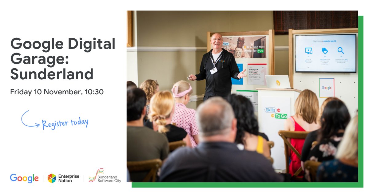 e_nation's tweet image. 🚀 @GoogleUK is coming to #Sunderland! 

Join this free in-person event on 10 November for a day full of training and workshops to help you grow your business 🙌

Sign up today ➡️ ow.ly/NWSN50PYgi4 

#GoogleDigitalGarage @SunSoftCity