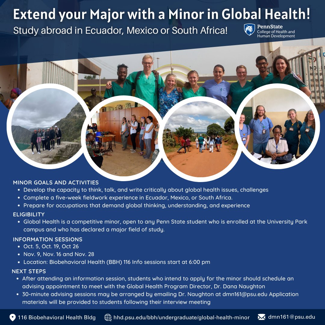 🌍Eager to expand your perspectives? Dive into global health challenges and prepare for careers demanding a worldly outlook with a #PSUBBH #GlobalHealth minor. Attend an informational session today at 6 pm in 116 Biobehavioral Health Bldg!  #StudyAbroad #PennState #PSUHHD