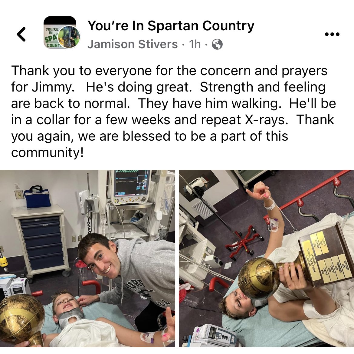 Update on Laurel Jr. High player Jimmy Stivers who was injured in the championship game last night. All good signs! And plenty strong enough to hoist that trophy!