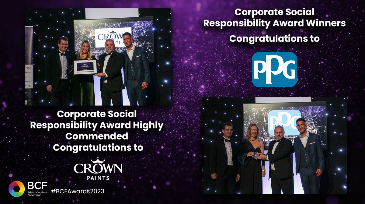Congratulations to the Corporate Social Responsibility Award Winner <a href="/PPG/">PPG</a> for their Community Engagement programme. Also, congratulations to <a href="/crownpaints/">Crown Paints</a> for being Highly commended for their Project Possible scheme.

#BCFAwards 2023