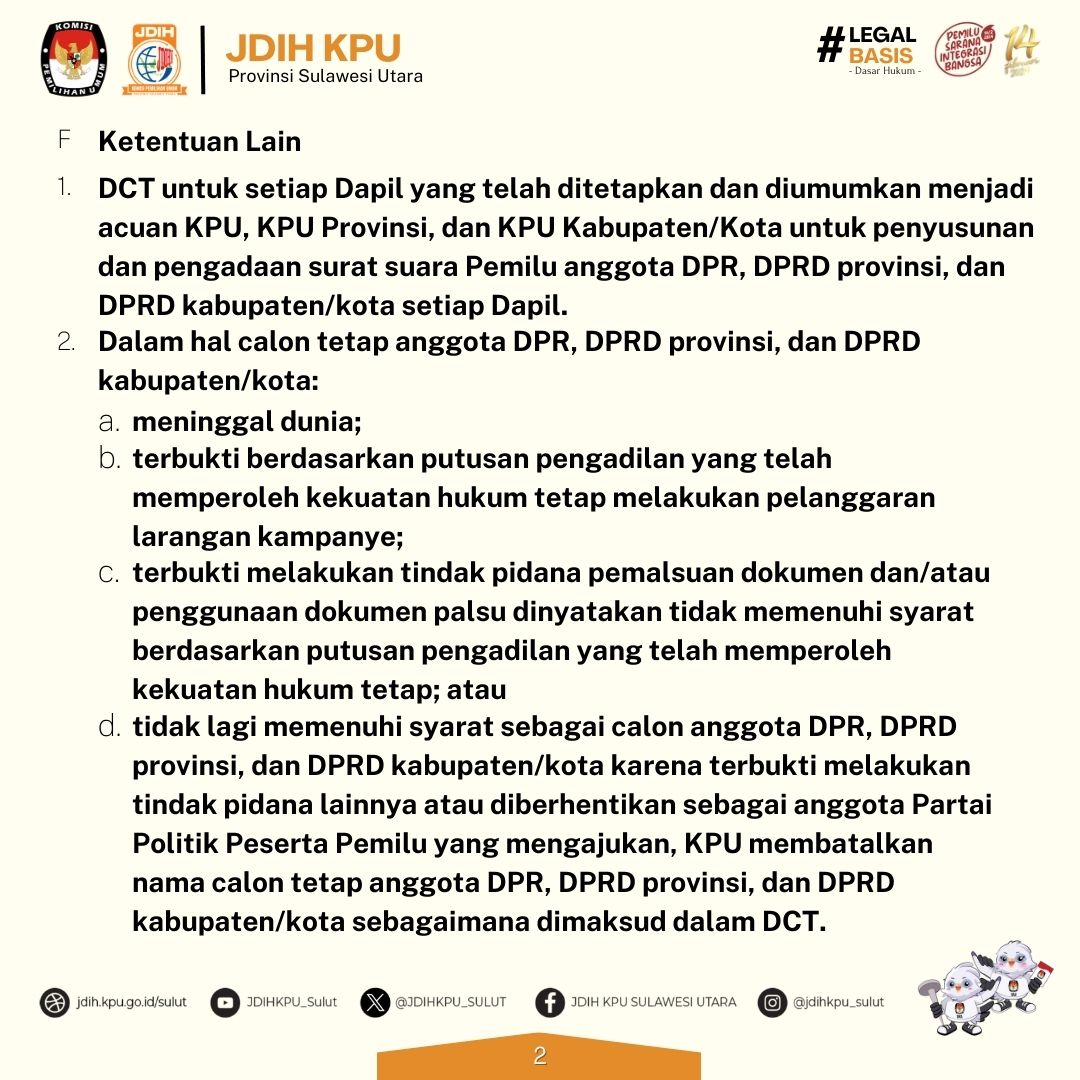 JDIHKPU_SULUT's tweet photo. #SobatJDIH
Selamat Malam Sobat JDIH KPU 🤩🙏🏻
Konten #legalbasis seri 55 hari ini akan mengulas tentang Ketentuan Lain Daftar Calon Tetap (DCT). Yuk Simak grafis berikut ini 

Jangan lupa like komentar dan bagikan ya 🤩🙏🏻 https://t.co/CTinF5i2uf