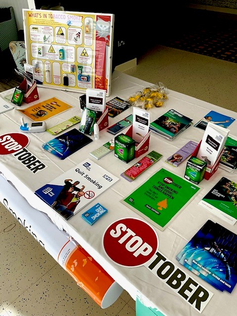 Take a look at our #Stoptober stall at River House! We have informative leaflets, quitting smoking aids, and a carbon monoxide breath monitor on display to keep you informed on things that can help you quit smoking! - SmokeFree team