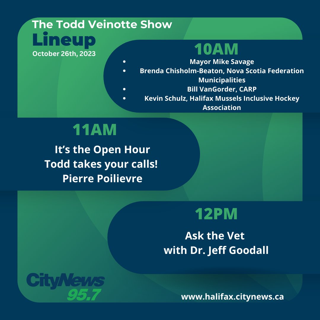 Pierre Poilievre will join Todd on the show today. You can  join the program at 902-405-6000 or call Todd's Talkback Line at 902-417-0673.  
Don't forget you can listen live: player.halifax.citynews.ca