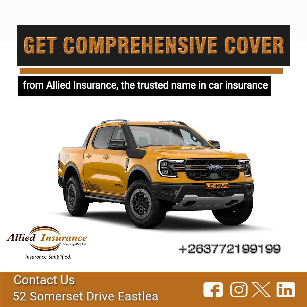 AlliedInsureZw's tweet photo. GET COMPREHENSIVE COVER from the trusted name in Car Insurance
Allied Insurance offers you all your Car Insurance needs, from (Third Party &amp; Comprehensive Cover) ZINARA &amp; ZBC
Visit our website https://t.co/LXtyFcGRTd or call us today on 077 219 9199 get a free insurance quote! https://t.co/74bRJltzf0