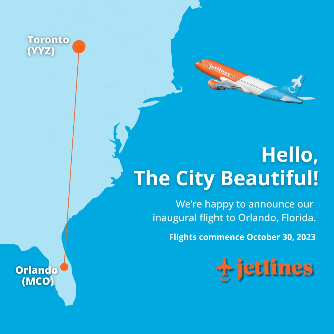 🌟 Big News — #CanadaJetlines is embarking on a sunny new journey! We're delighted to share our inaugural flight from Toronto Pearson International Airport to Orlando International Airport is set for October 30, 2023. Visit Jetlines.com to learn more! 🇨🇦✈️🌴