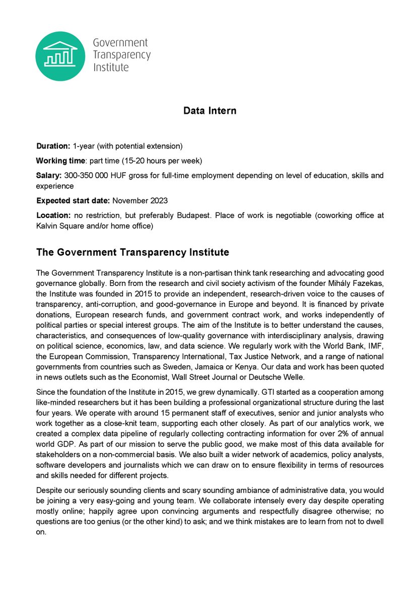 GovTranspInst's tweet photo. Hiring alert 📣
We are looking for an intern, who will help maintain and expand one of the world’s biggest datasets on public tenders. If this is YOU, get in touch 🙌 https://t.co/RJhLuCVp2u