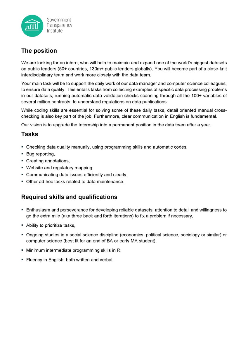 GovTranspInst's tweet photo. Hiring alert 📣
We are looking for an intern, who will help maintain and expand one of the world’s biggest datasets on public tenders. If this is YOU, get in touch 🙌 https://t.co/RJhLuCVp2u