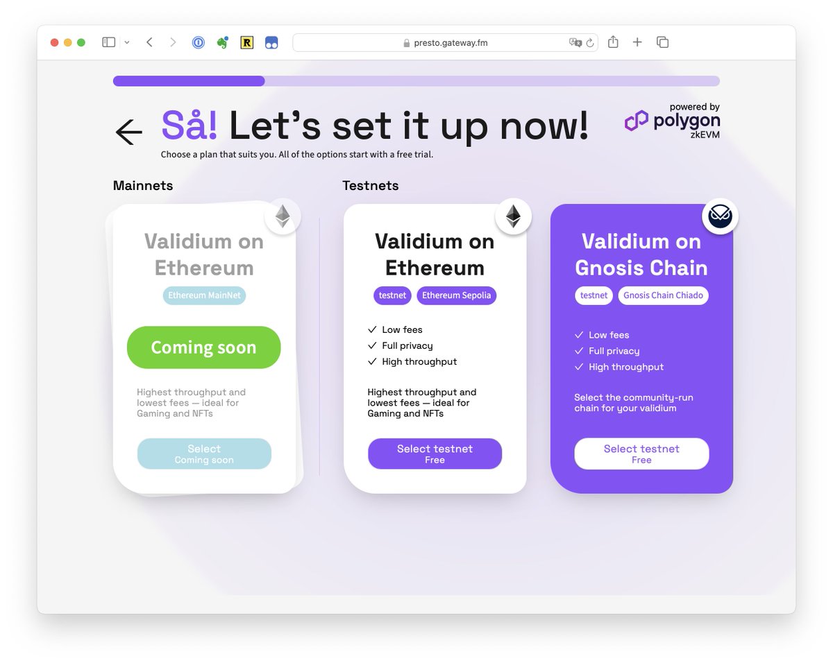 Gateway FM (@gateway_eth) on Twitter photo ๐ฆ Presto released support for <a href="/gnosischain/">Gnosis Chain ๐ฆ</a>! ๐ฆ
Presto users can now select Gnosis Chain as their preferred #L1 for #zkEVM and enjoy their own #L2 with native gasless transactions, instant TX confirmations, and a great toolset!
Grab yours for free at presto.gateway.fm! ๐ฆ Presto released support for <a href="/gnosischain/">Gnosis Chain ๐ฆ</a>! ๐ฆ
Presto users can now select Gnosis Chain as their preferred #L1 for #zkEVM and enjoy their own #L2 with native gasless transactions, instant TX confirmations, and a great toolset!
Grab yours for free at presto.gateway.fm!