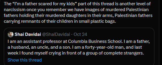Darker_air's tweet photo. @HowardFeldman You remind me of that Columbia professor wanting to make a genocide about himself. Anti-Zionism is not anti-semitism, and once you realise that, your moral compass will improve and maybe you can find the heart to call out the genocide of the Palestinians as it is happening. https://t.co/AVcro85RbV