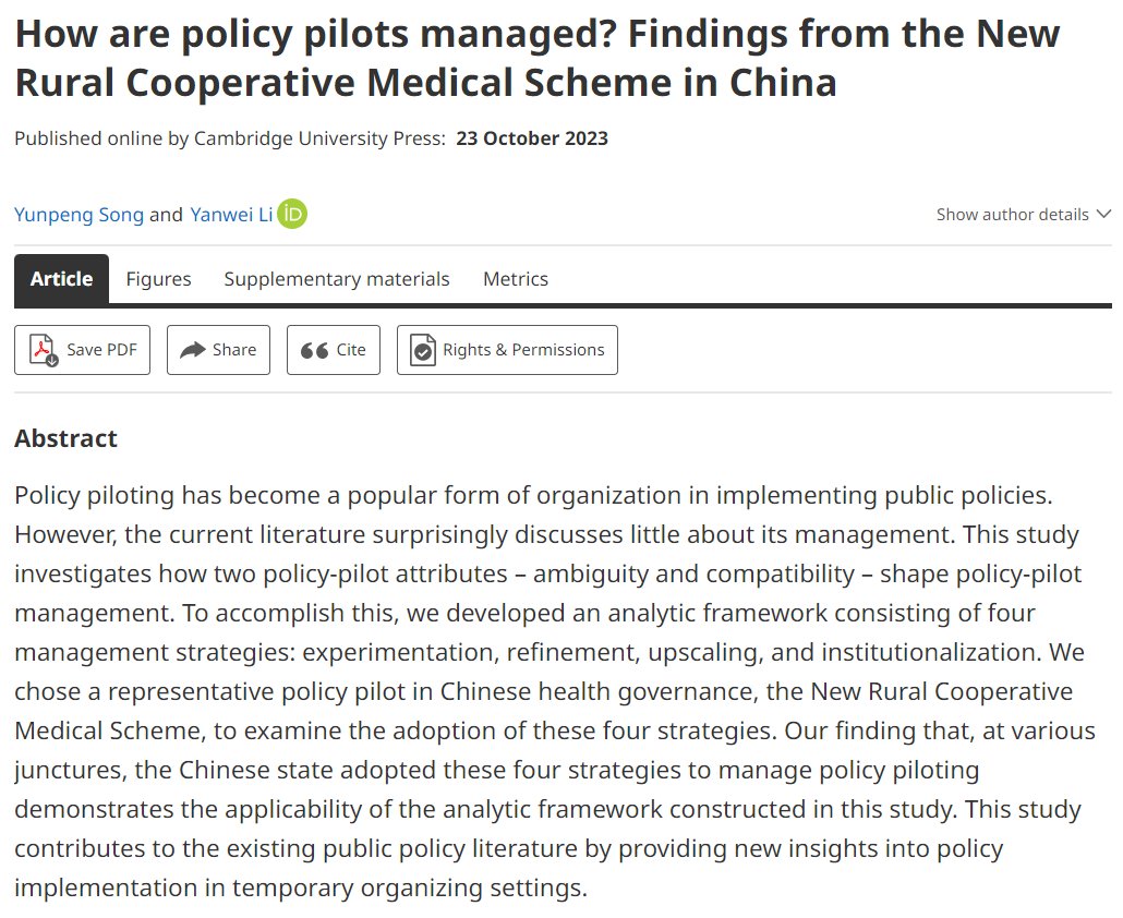 A new interesting article by Yunpeng Song and Yanwei Li is now available on our FirstView page. It is entitled 'How are policy pilots managed? Findings from the New Rural Cooperative Medical Scheme in China'. Enjoy it here: tinyurl.com/25zmjjjf