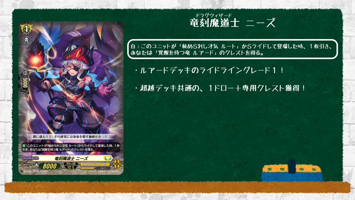 Dragwizard, Knies
<Shadow Paladin/Elf>

[AUTO]:When this unit is placed by riding from 'Dragprince, Rute', draw a card, and you get a 'Dragheart, Luard' crest.