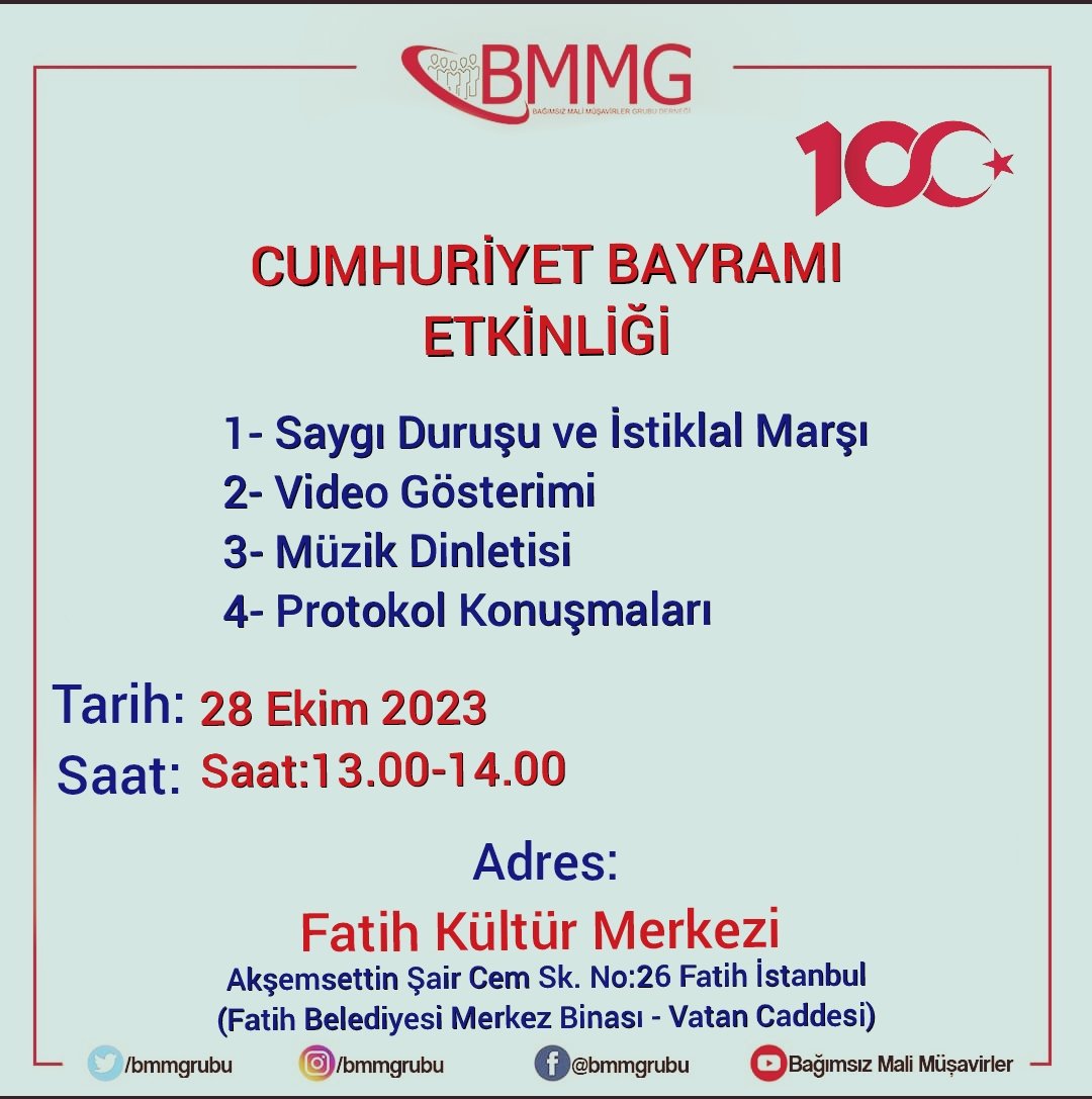Cumhuriyetimizin 100. Yıl Kutlaması 28 Ekim Cumartesi günü Enflasyon Muhasebesi Eğitimimizden önce yapılacaktır. Tüm meslektaşlarımız davetlidir. #Cumhuriyet100yaşında #Cumhuriyetyüzyaşında #Cumhuriyetbayramı #Cumhuriyetbayramıkutluolsun