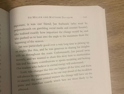 My late great friend Jan Suchanek loved his shout-outs, so great to see one in the latest book by @EdMillerPoker and @DavidowMatthew on sports betting amzn.to/45KEHY7