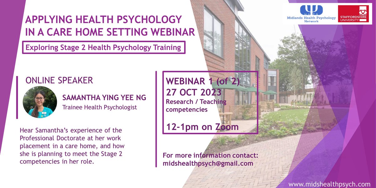 👀Don't miss out!

Tomorrow is the first of our webinars with trainee health psychologist Samantha Ying Yee Ng. Samantha will talk about meeting Stage 2 competencies in a care home.

🕛 12pm
🎟️ To register email midshealthpsych@gmail.com