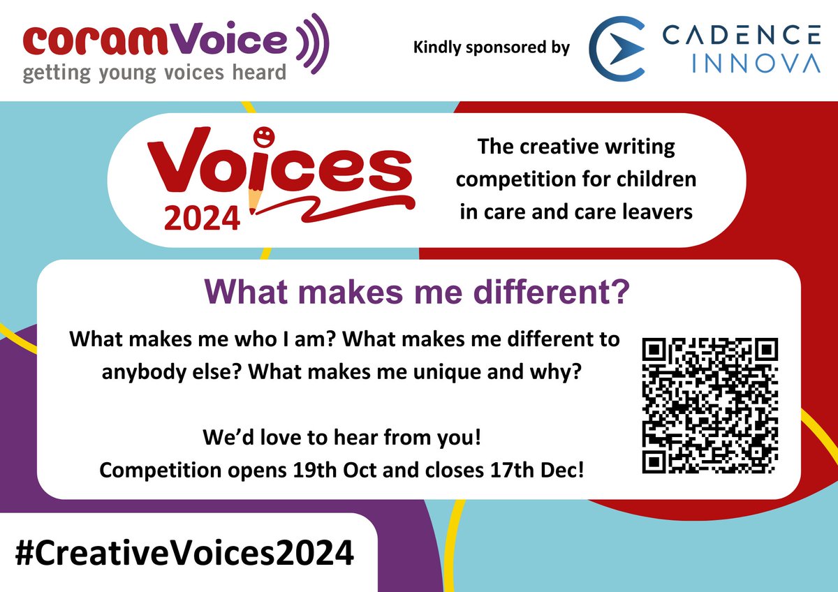 This #NCLW we are asking you to CARE.

We want to encourage children and young people to get involved in our Voices Creative Writing Competition 2024!

The competition is open now! 🔗 coramvoice.org.uk/get-involved/v…

#CreativeVoices2024