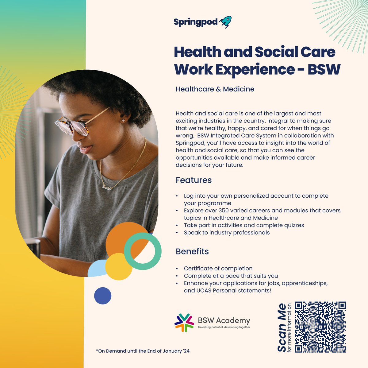 BSW_Academy's tweet photo. See the opportunities and make informed decisions about your career in health and social care. To book a place and find out more use the QR code on this flyer #virtualworkexperience #bswacademy #healthandsocialcarecareers https://t.co/EaBg2qXG6L