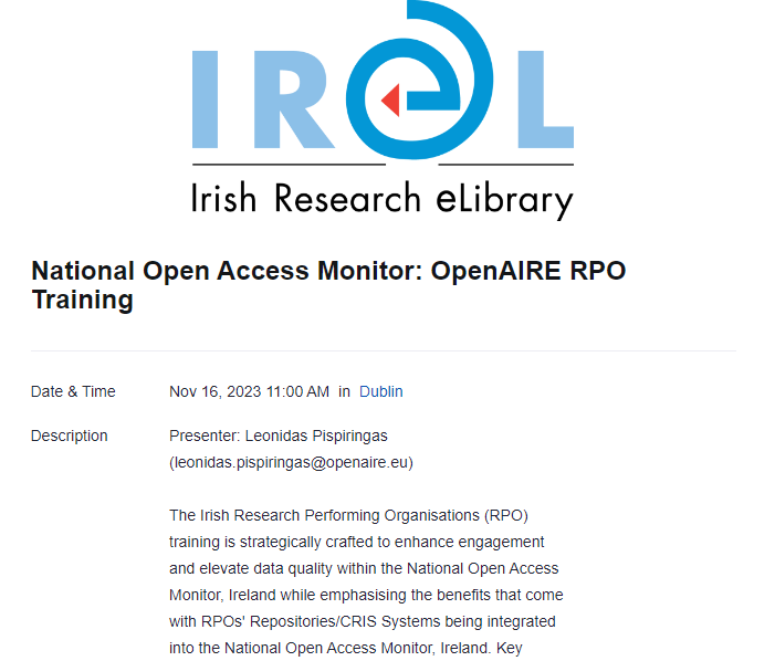 drcferris's tweet photo. 📌@OpenAIRE_eu are providing two training sessions on the @norfireland-funded @IReLibrary-managed National Open Access Monitor in November; one for RPOs and one for RFOs. 

Registration links + more details: https://t.co/mMJCBLv7kB

The sessions will be recorded + shared publicly https://t.co/GPR1bpTe7V