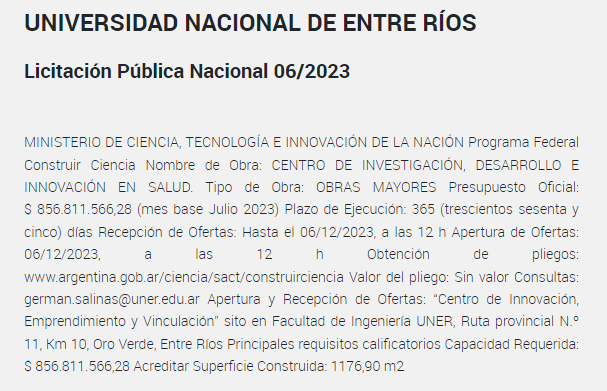 📄 Abrimos el llamado a licitación para la construcción del Centro de Innovación, Emprendimiento y Vinculación de la Facultad de Ingeniería <a href="/uneroficial/">UNER</a>

Representa una inversión de casi $857 millones en el marco del Programa Federal #ConstruiCiencia

➡️boletinoficial.gob.ar/detalleAviso/t…