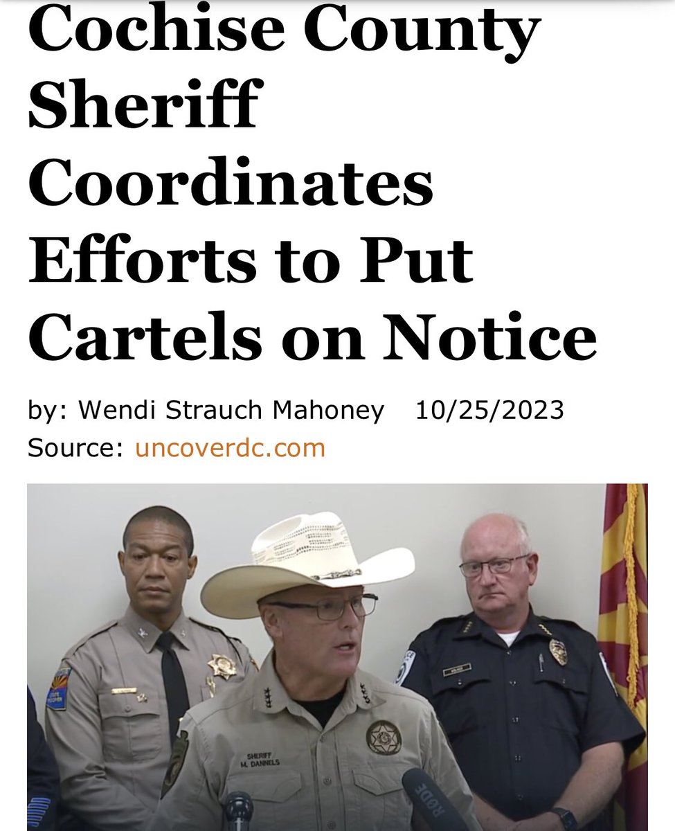 🔥ARIZONA🔥 

Sheriff Mark Dannels of #CochiseCounty announced kick-off of a coordinated, cohesive STATEWIDE enforcement program to address lawlessness at the border 😲

🔥Zero tolerance for cartel crimes 👍🏼

🔥Juveniles will be prosecuted as adults 👍🏼

👉🏼uncoverdc.com/2023/10/25/coc…