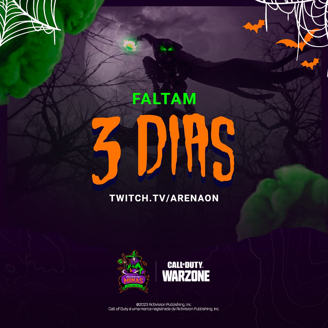 🧹 #DESAFIODASBRUXONAS 

A contagem regressiva começou.
Em apenas 3 dias, o Desafio das Minas: Edição Bruxonas vai pegar fogo! 🔥
Prepare-se para a ação, estratégia e diversão de Halloween.

🗓️28/10/23
⏰ 17h
💰R$ 28.000,00
📺twitch.tv/arenaon

#MWIII #Warzone #CallofDuty