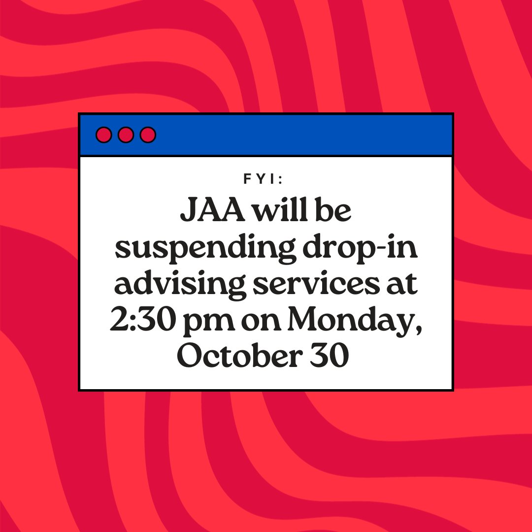 Due to a staff event, drop-in advising will be from 12:30 pm to 2:30 pm on Monday, October 30. Regular drop-in hours will resume on Thursday, November 2.