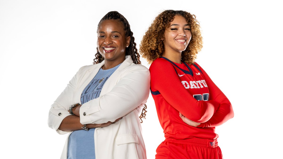 A10WBB's tweet photo. Flying high with @DaytonWBB's Mariah Perez and Coach Tamika Williams-Jeter at #A10MediaDay 📸 https://t.co/dshv5u6tFD