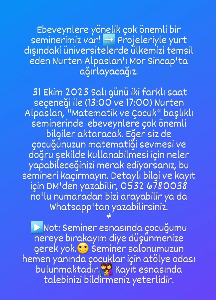 İzmirli analar &amp; babalar, matematik sevmeyen çocuklarla ilgili, çocuklara değil ebeveynlere çok eğitici bi seminer var. Bak kaçırmayın bunu ‼️