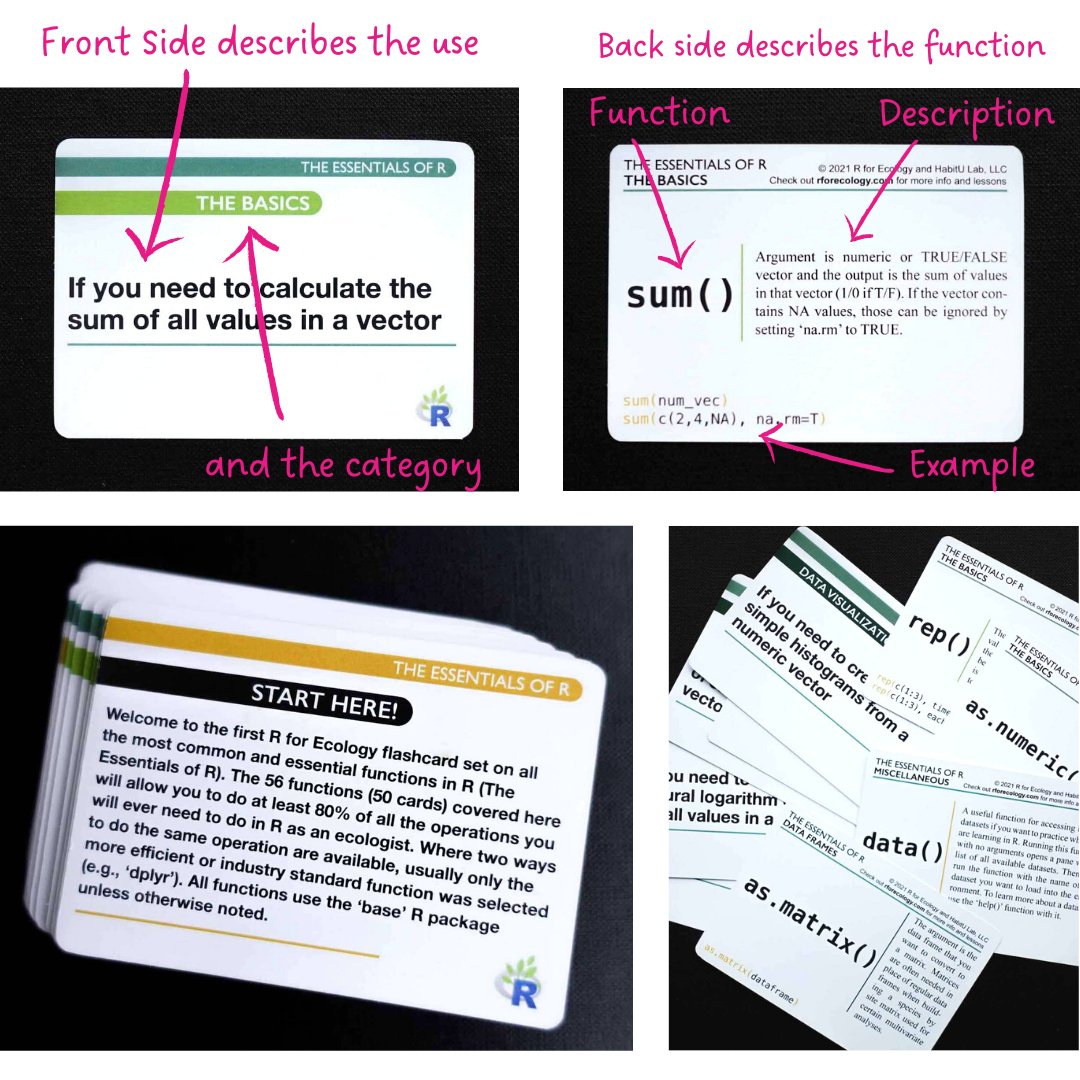 What about learning R with flash cards? 📇 If you're an ecologist like me and prefer to reduce screen time as much as possible, this is a great way to learn R without your computer! The cards are carefully selected to include all the essential functions to do about 80% of