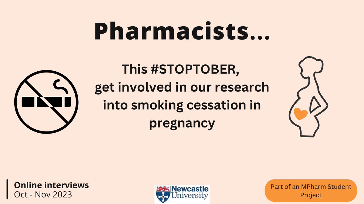 We are looking for pharmacists to help with our research about vaping in pregnancy by sharing their views. 
Please use the link to get involved! newcastle.onlinesurveys.ac.uk/eligibility-qu… 

#pharmacy #pharmacystudent #pregnancy #stoptober 
<a href="/southstaffslpc/">South Staffs LPC</a> @PharmNorfolk <a href="/Dudley_LPC/">Community Pharmacy Dudley</a>