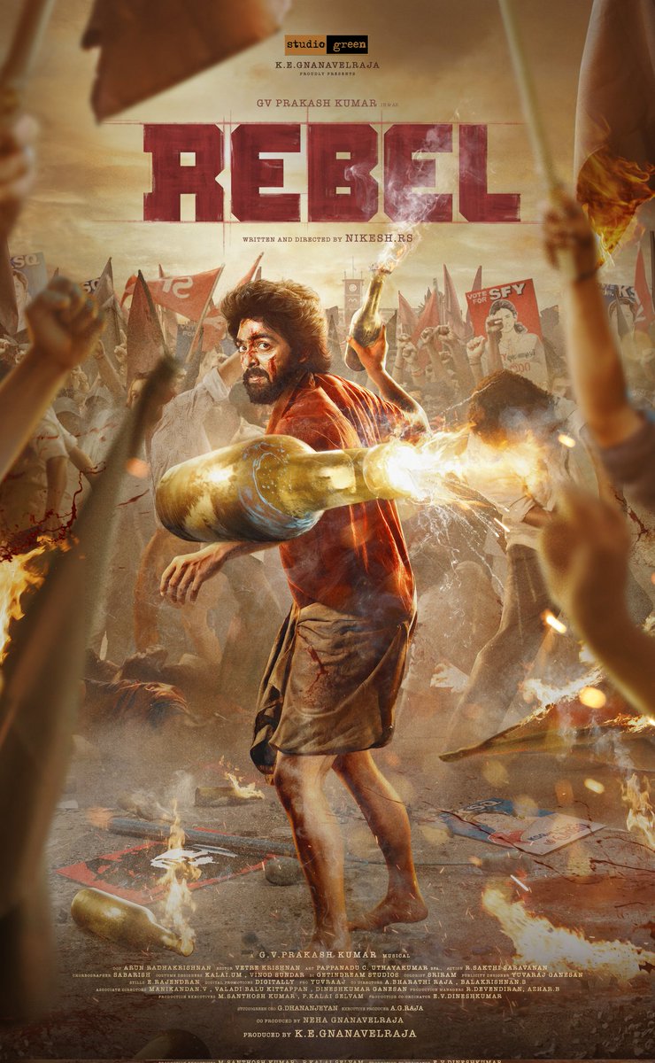 Here's the #RebelFirstLook starring @gvprakash! Congratulations GV brother! Best wishes to the entire team! @StudioGreen2 @kegvraja @NikeshRs @arunkrishna_21 @vetrekrishnan @stuntsaravanan @yuvrajganesan @NehaGnanavel @Dhananjayang @agrajaofficial @proyuvraaj @digitallynow