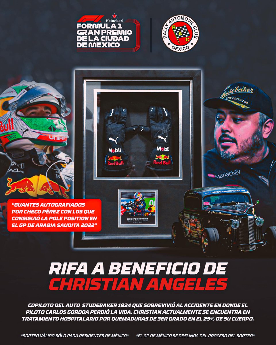 autodromohr's tweet photo. RIFA CON CAUSA, Gánate los Guantes Autografiados de Checo Perez, una donación por parte del Mexico Grand Prix y únete a la buena causa de apoyar al Piloto Christian Angeles ! Sigue las insturccions de la Rifa por parte del RAC México.
#SomosRAC https://t.co/9lik0JNFUy
