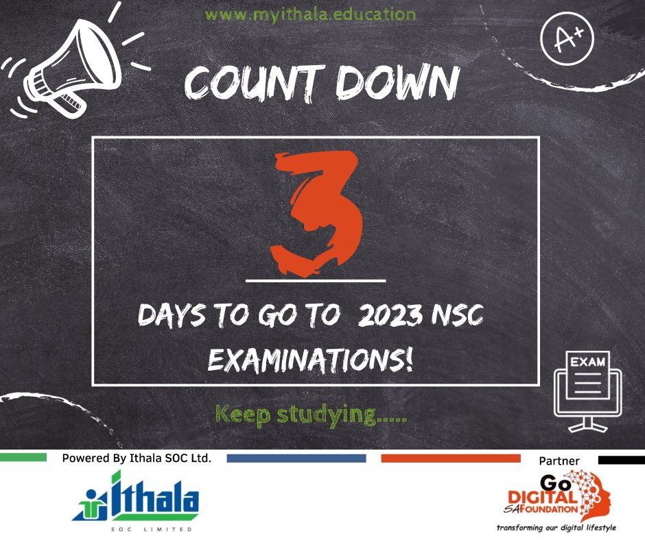 📚 3 Days to 2023 National Senior Certificate examinations!📚 In just 3 days, we'll put our hard work and dedication to the test. 

#Matric2023 #FinalExams #YouGotThis #joinithalaeduplaform #myithalaeducation #MyIthala #GDSAF #Grade12 #matric23 #education #EducationForAll #fyp