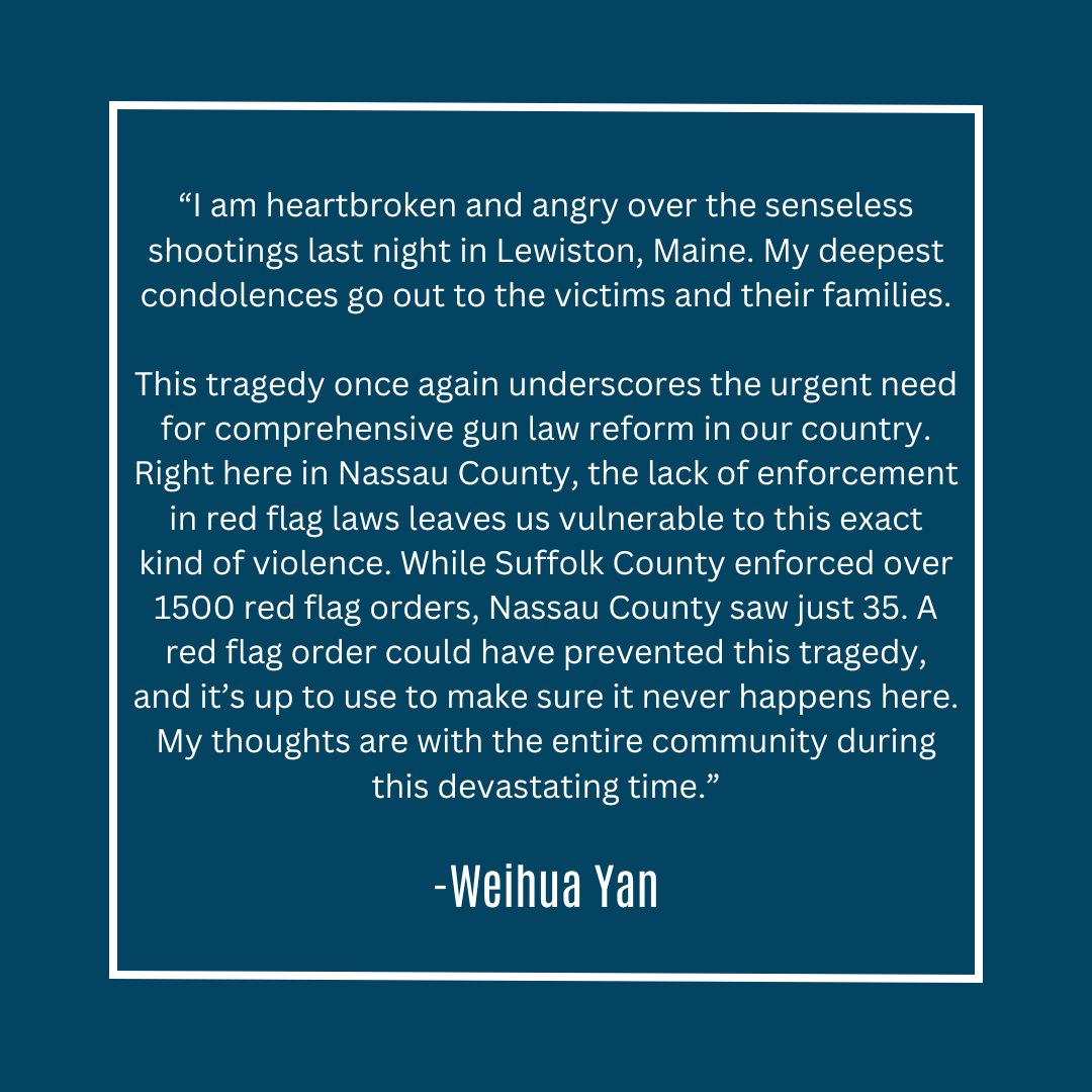TeamWeihuaYan's tweet photo. My statement on the shootings in Lewiston, Maine last night.
We cannot allow a world where tragedies like this persist. It's time to act, now.
#gunviolenceprevention https://t.co/6NgeSaYJkD