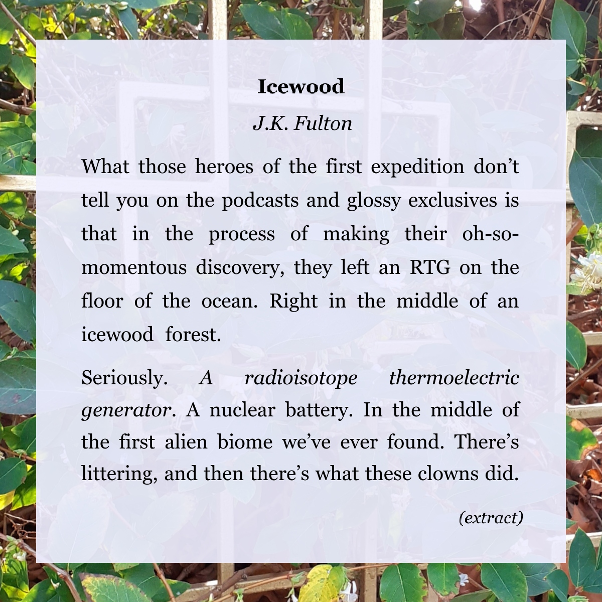 This morning’s BARK &amp; BONE shoutout is for returning #SpaceCatStar <a href="/johnkfulton/">John K. Fulton</a> 

J.K. Fulton is a UNCHARTED CONSTELLATIONS and SEVERED SOULS contributor who  grew up at Scottish lighthouses and now lives in Leicester.

#ForestOfBarkAndBone