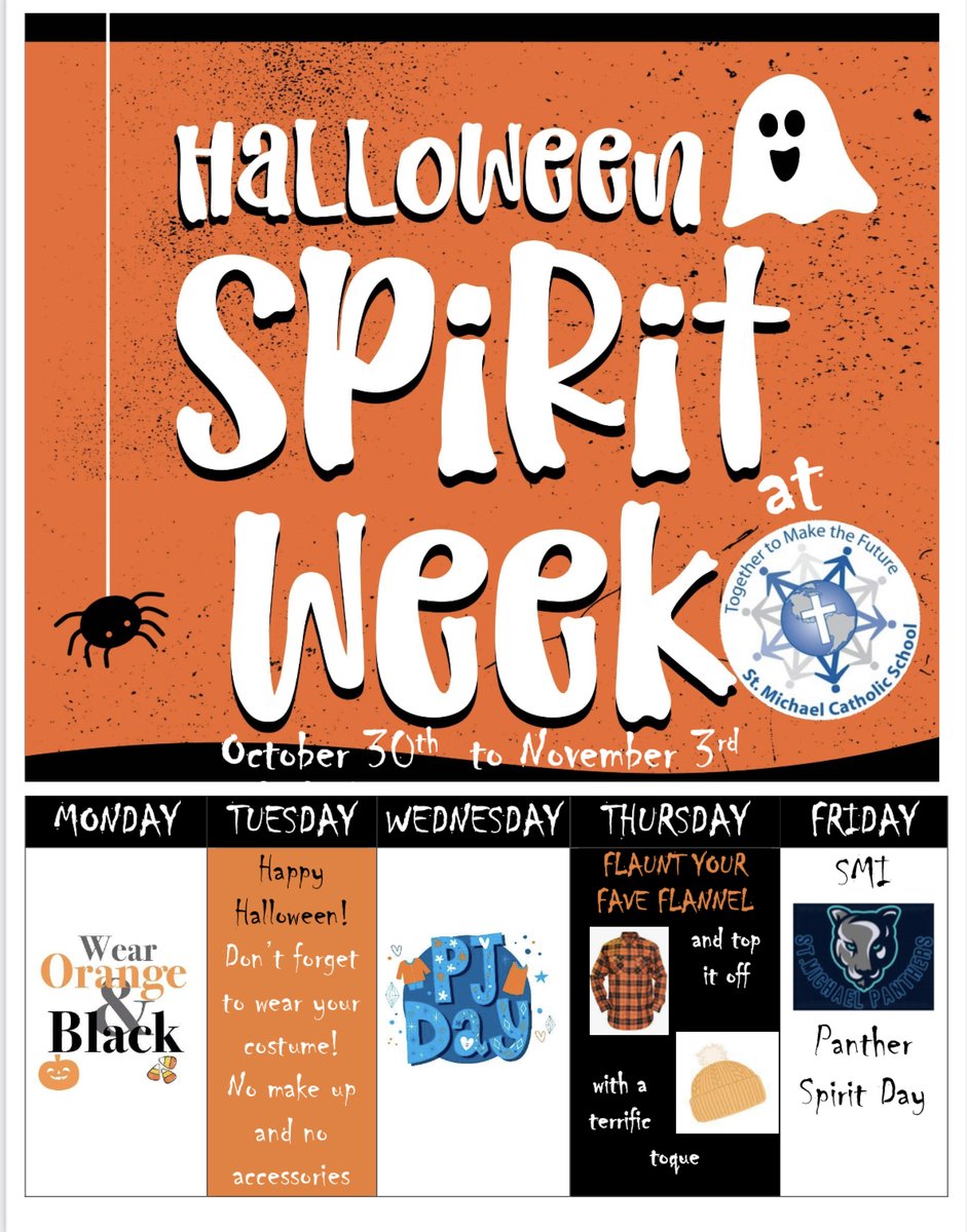 ms_cathi's tweet photo. Next week is Spirit Week @StMichaelOCSB 🎃
Check the theme each day and join in the fun! #ocsb
#spookyspiritweek #GoPanthers https://t.co/YS1xVBRs1R