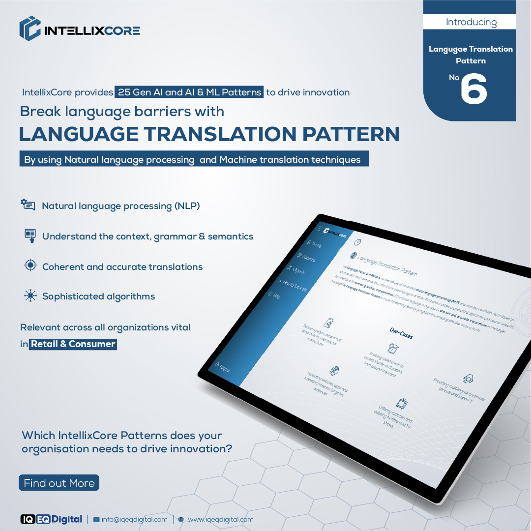 Connect Globally with IntellixCore's Language Translation Pattern!
Expand Reach
Foster Inclusivity
Streamline Workflows
Book a demo now at iqeqdigital.com
#TranslationPattern #LanguageTranslation #GlobalReach #InclusiveTechnology
#CustomerExperience <a href="/Sultan/">Sultan</a> Mahmood