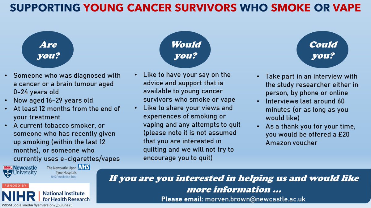 📢Calling young people aged 16-29 years old in 🇬🇧 who have been treated for #childhoodcancer #TYAcancer  & who smoke, used to smoke and/or vape.  

Please see below for details and how you can help👇
Please DM me for info🙂
Please RT so we can reach as far as possible🙏 (1/2)