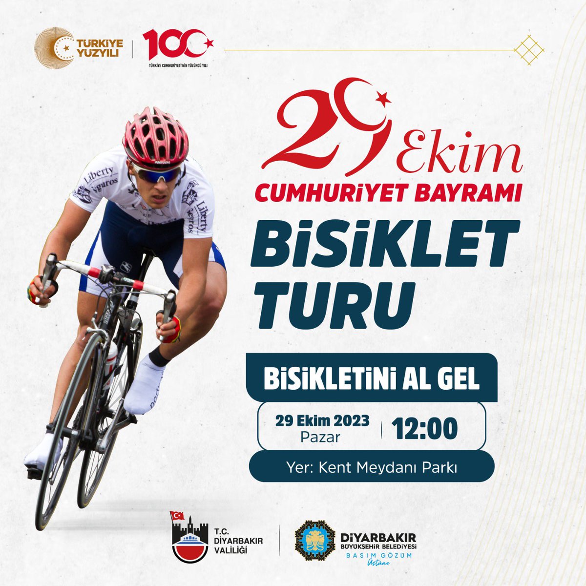 diyarbakirbld's tweet photo. Pedallarımızı Cumhuriyetimizin 100. Yılı İçin Çeviriyoruz🚵‍♀️

📌Cumhuriyet Bayramımızın 100. Yılı kutlamaları kapsamında, 

Sizleri Bisiklet Turu’na bekliyoruz.🇹🇷🚴‍♂️

Haydi bisikletini al gel.🚴‍♀️🚴

🗓️29 Ekim Pazar
 
⏰12:00

📍Kent Meydanı 

#BaşımGözümÜstüne #Diyarbakır https://t.co/ddCMQsVcvd