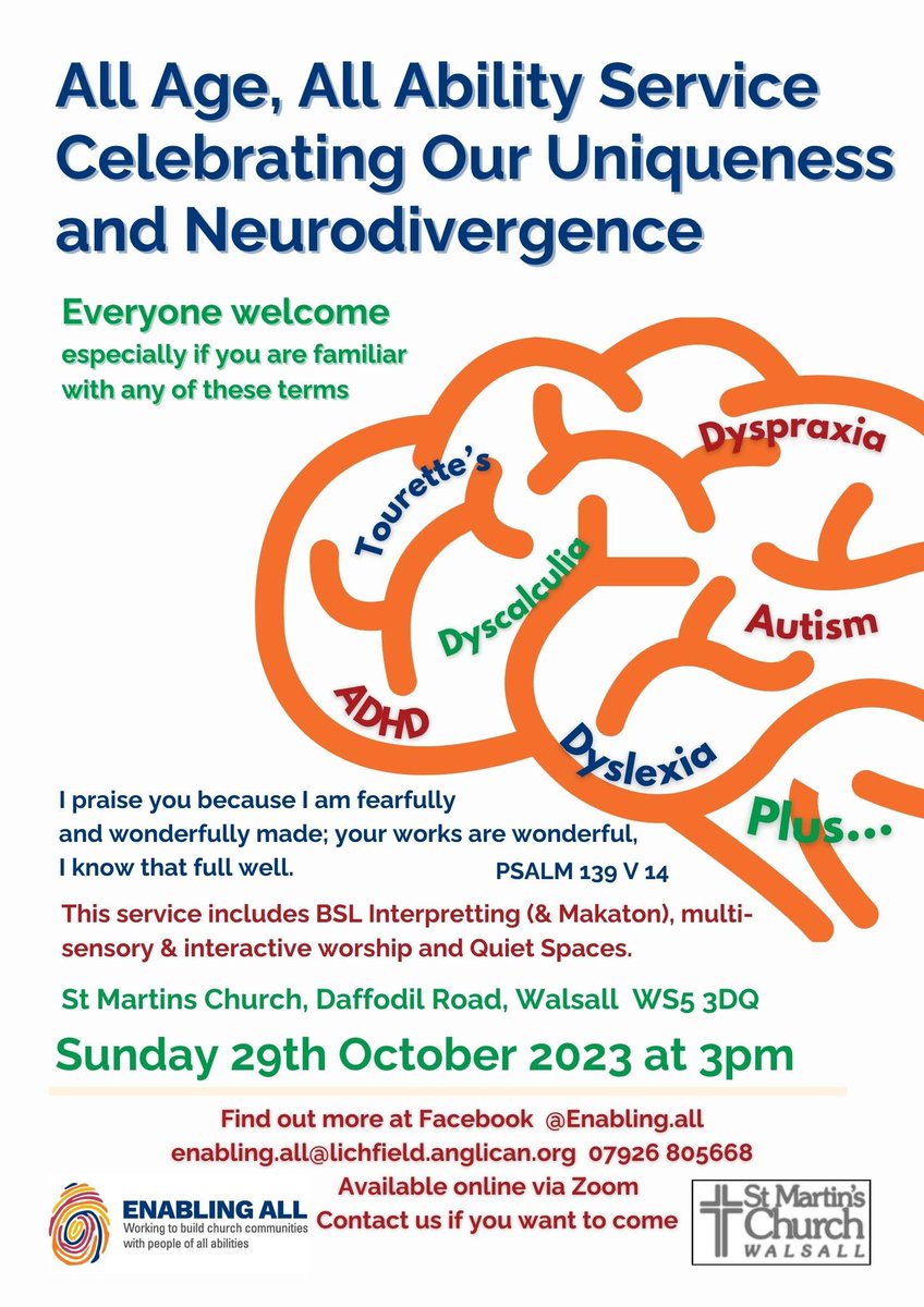 walsallforall's tweet photo. This Sunday, St Martins Church are holding an 'all age, all ability service' celebrating uniqueness &amp; neurodivergence, designed with input from neurodiverse people. The service includes #BSL interpreting (&amp; Makaton), multi-sensory &amp; interactive worship, &amp; quiet spaces. https://t.co/LH619SbpeX
