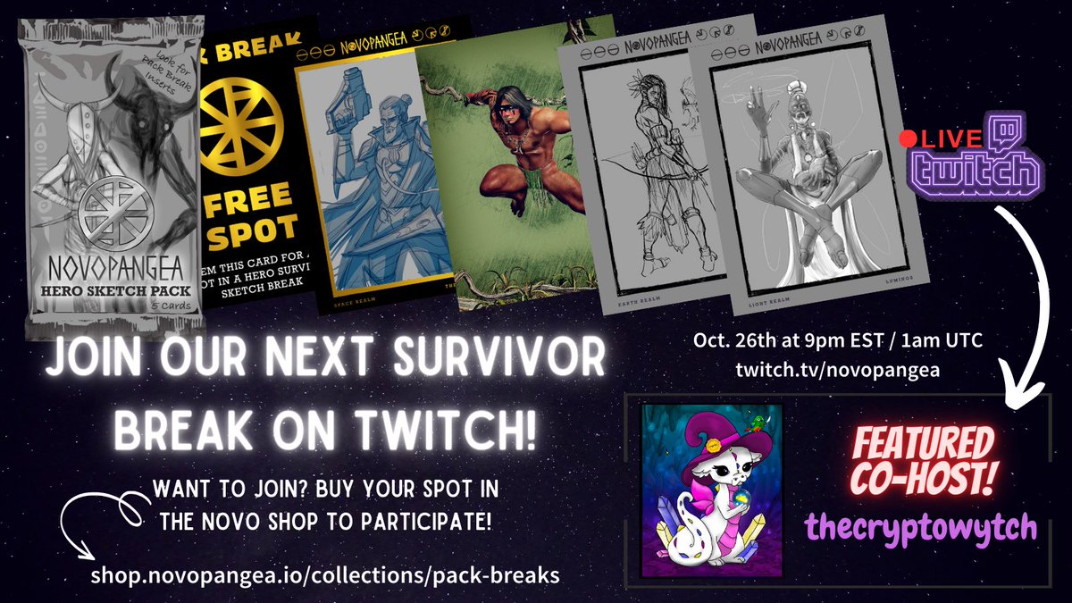 Novopangeaio's tweet image. Don't miss the party TONIGHT with thecryptowytch! We're crackin' Sketch Packs and doin' giveaways! Be there at 9pm EST / 1am UTC at twitch.tv/novopangea

Want to join a Pack Break of your own? Visit novopangeaio.myshopify.com/collections/pa… and get your spot!

#packbreak #digitalart #packbreaks